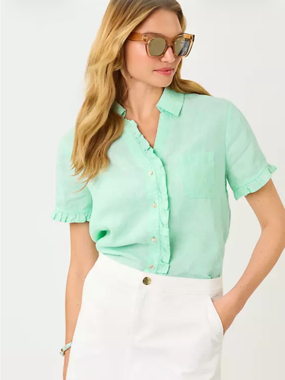 Lilly Pulitzer Mint Ruffle-Trim Short Sleeve Button Down Shirt